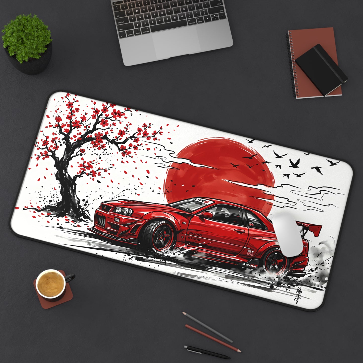 Japanese-style Ink Wash Painting Red Skyline Desk Mat — Japanese Cherry Blossom Racing Car GTR JDM Mouse Pad
