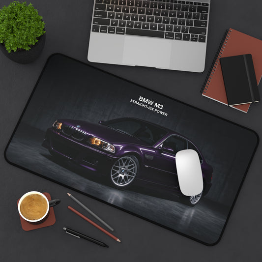 BMW M3 Desk Mat – Purple E46 Car Mouse Pad, 'Straight-Six Power' Automotive Desk Accessory