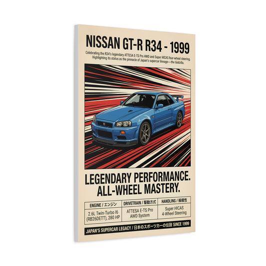 1999 Nissan GT-R R34 Vintage JDM Matte Canvas Wall Art
