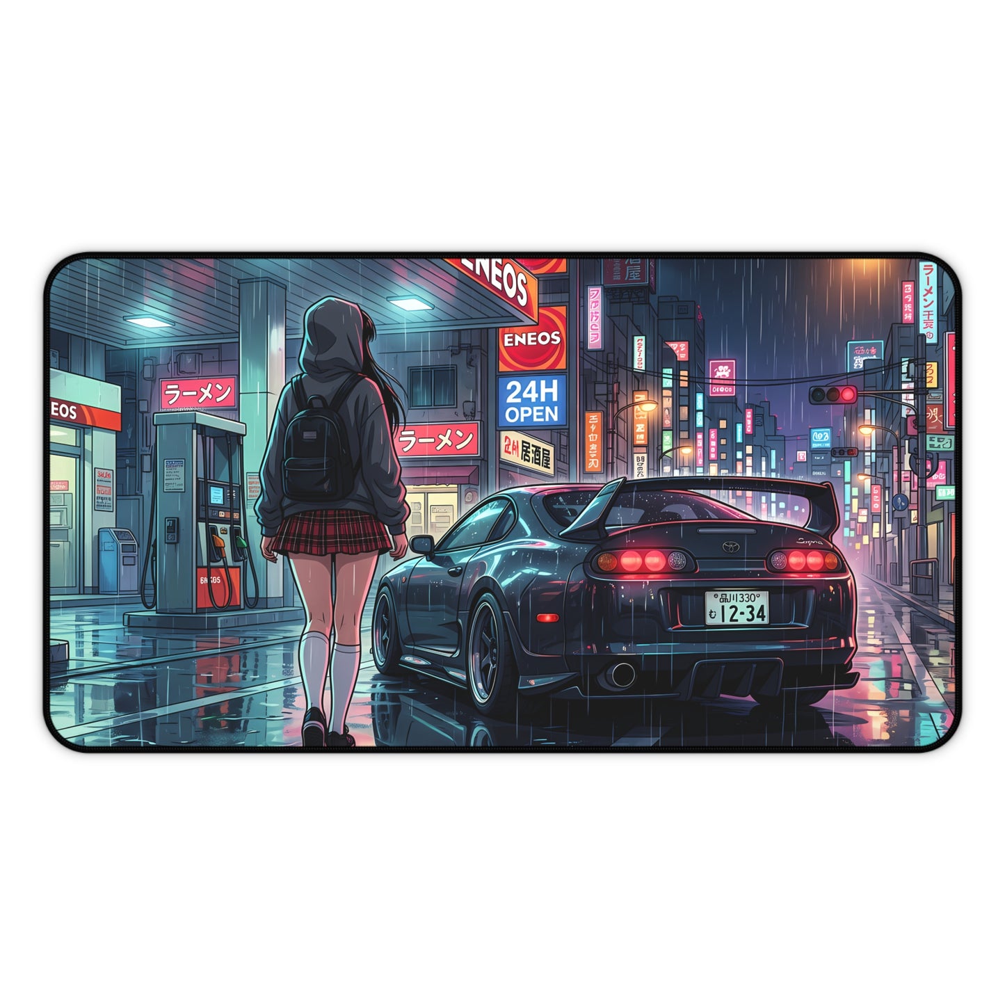 Neon Rain Tokyo City Toyota Supra MK4 Desk Mat — Anime Night Street JDM Racing Mousepad