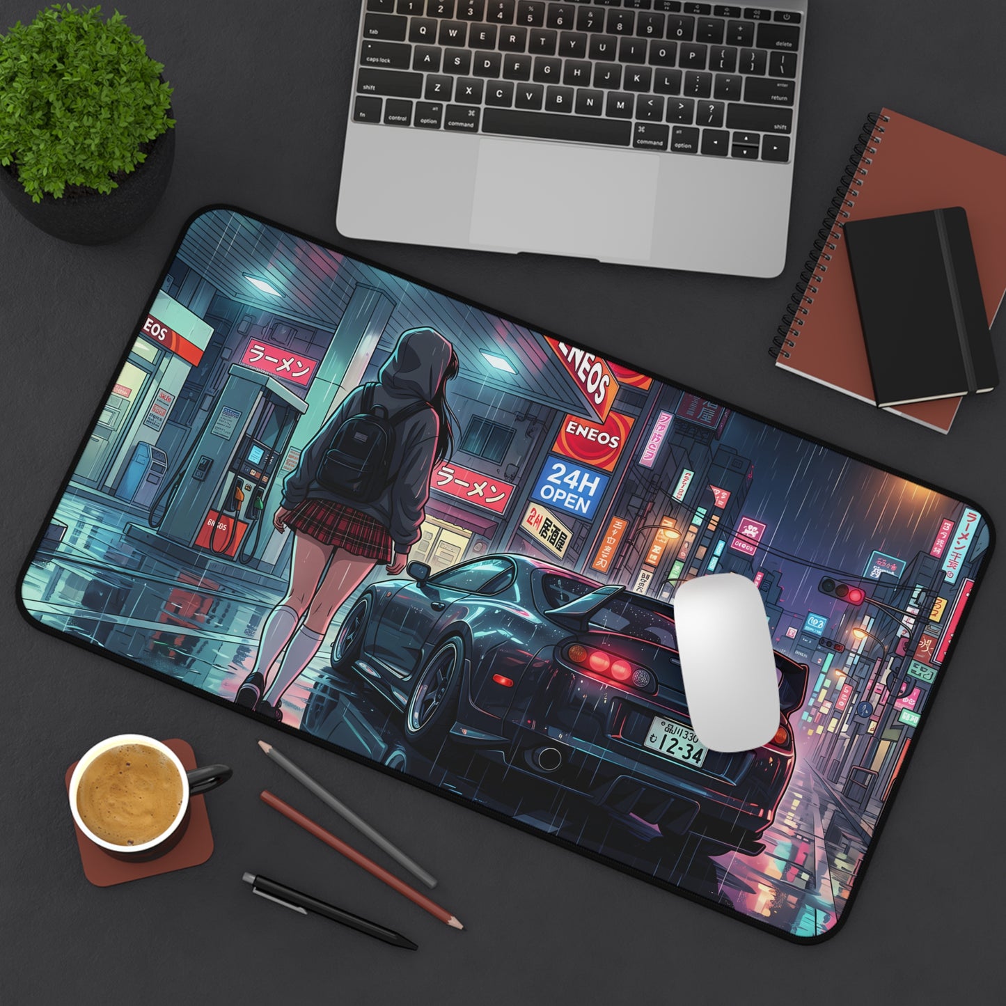 Neon Rain Tokyo City Toyota Supra MK4 Desk Mat — Anime Night Street JDM Racing Mousepad