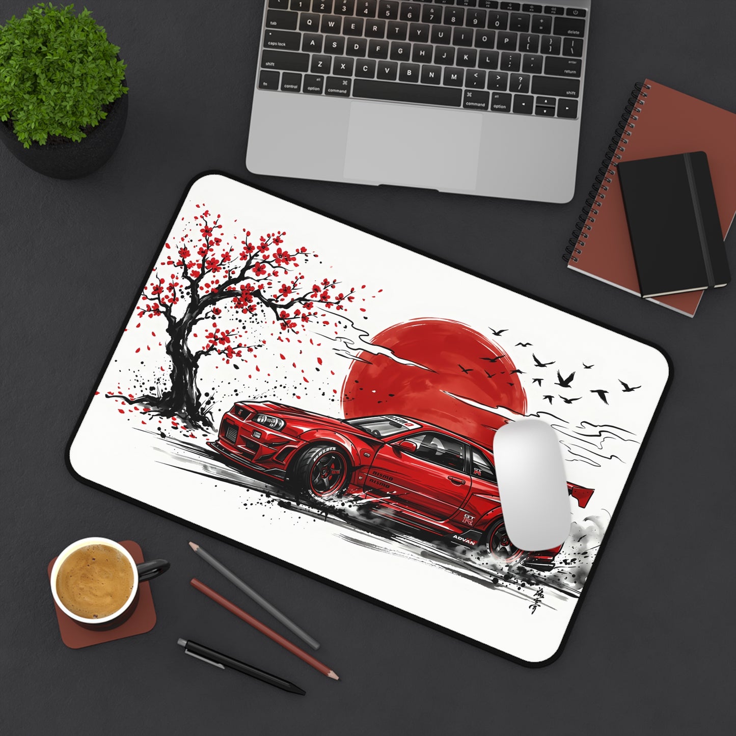 Japanese-style Ink Wash Painting Red Skyline Desk Mat — Japanese Cherry Blossom Racing Car GTR JDM Mouse Pad