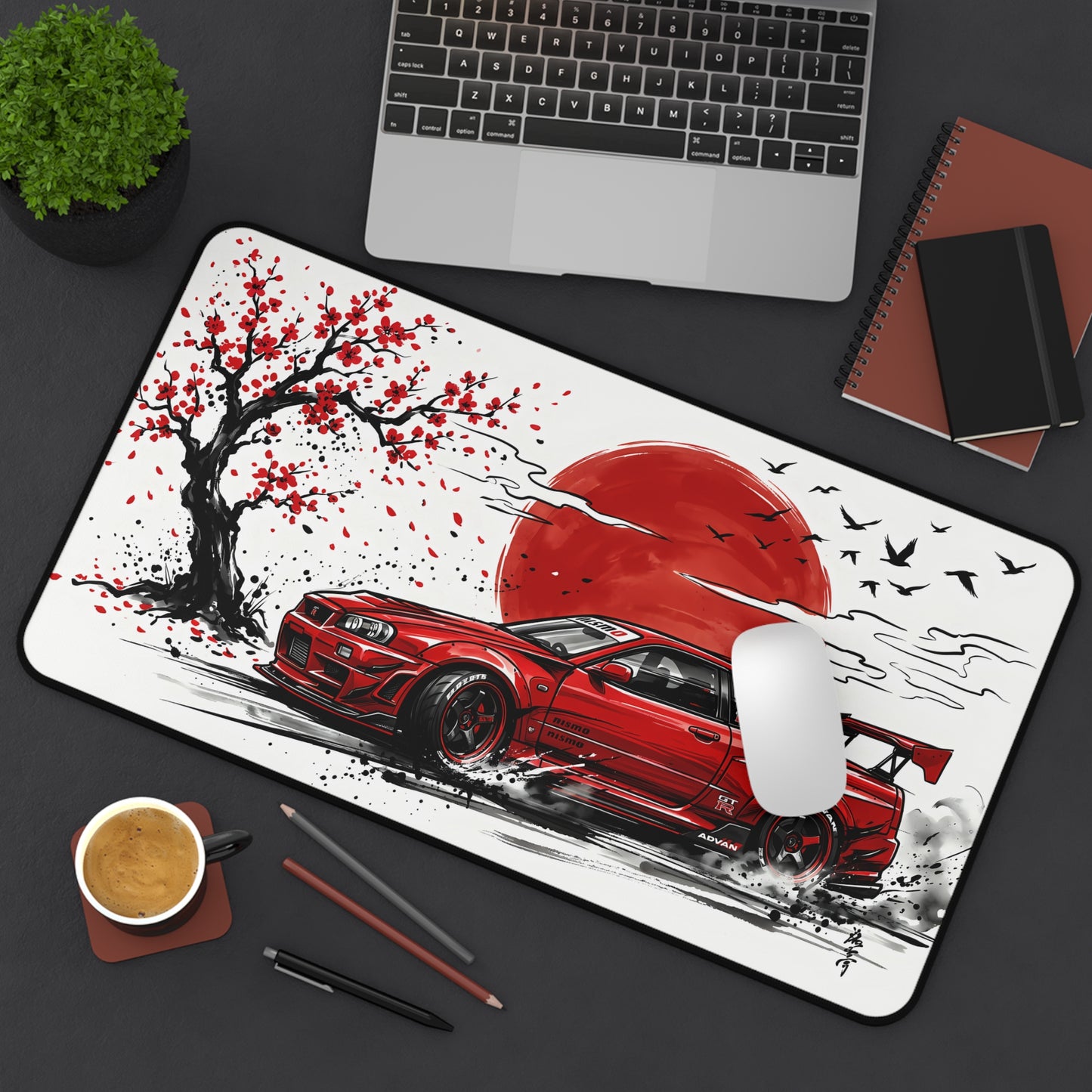 Japanese-style Ink Wash Painting Red Skyline Desk Mat — Japanese Cherry Blossom Racing Car GTR JDM Mouse Pad