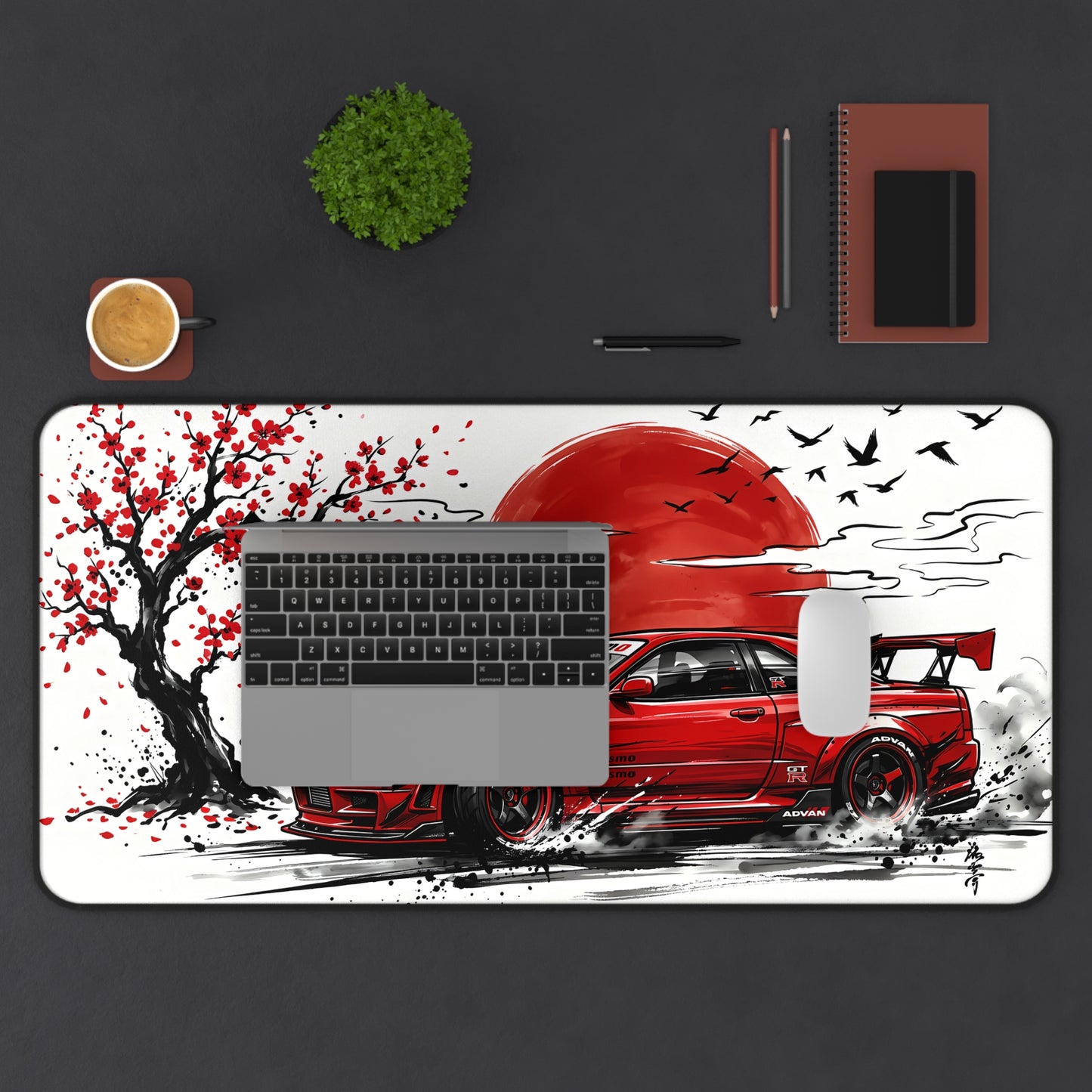 Japanese-style Ink Wash Painting Red Skyline Desk Mat — Japanese Cherry Blossom Racing Car GTR JDM Mouse Pad