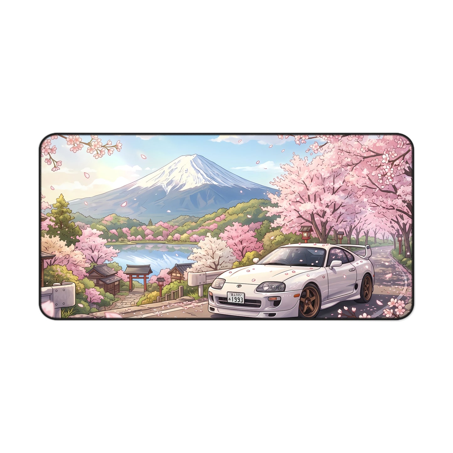 Sakura Cherry Blossom Skyline Toyota JDM Supra Desk Mat — Japanese Sports Car & Mount Fuji Scenic Mouse Pad