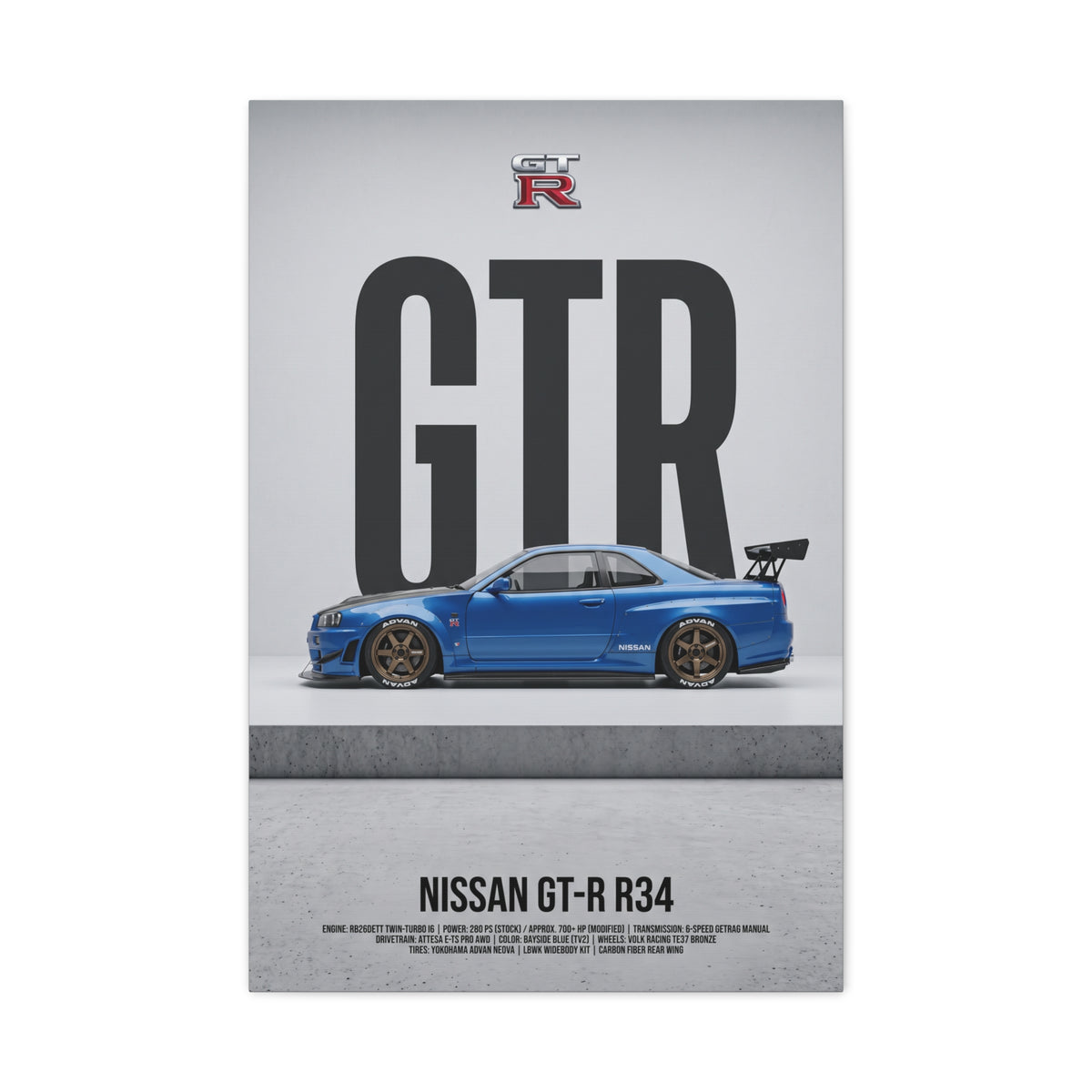 Nissan Skyline GT-R R34 Minimalist JDM Matte Canvas Wall Art