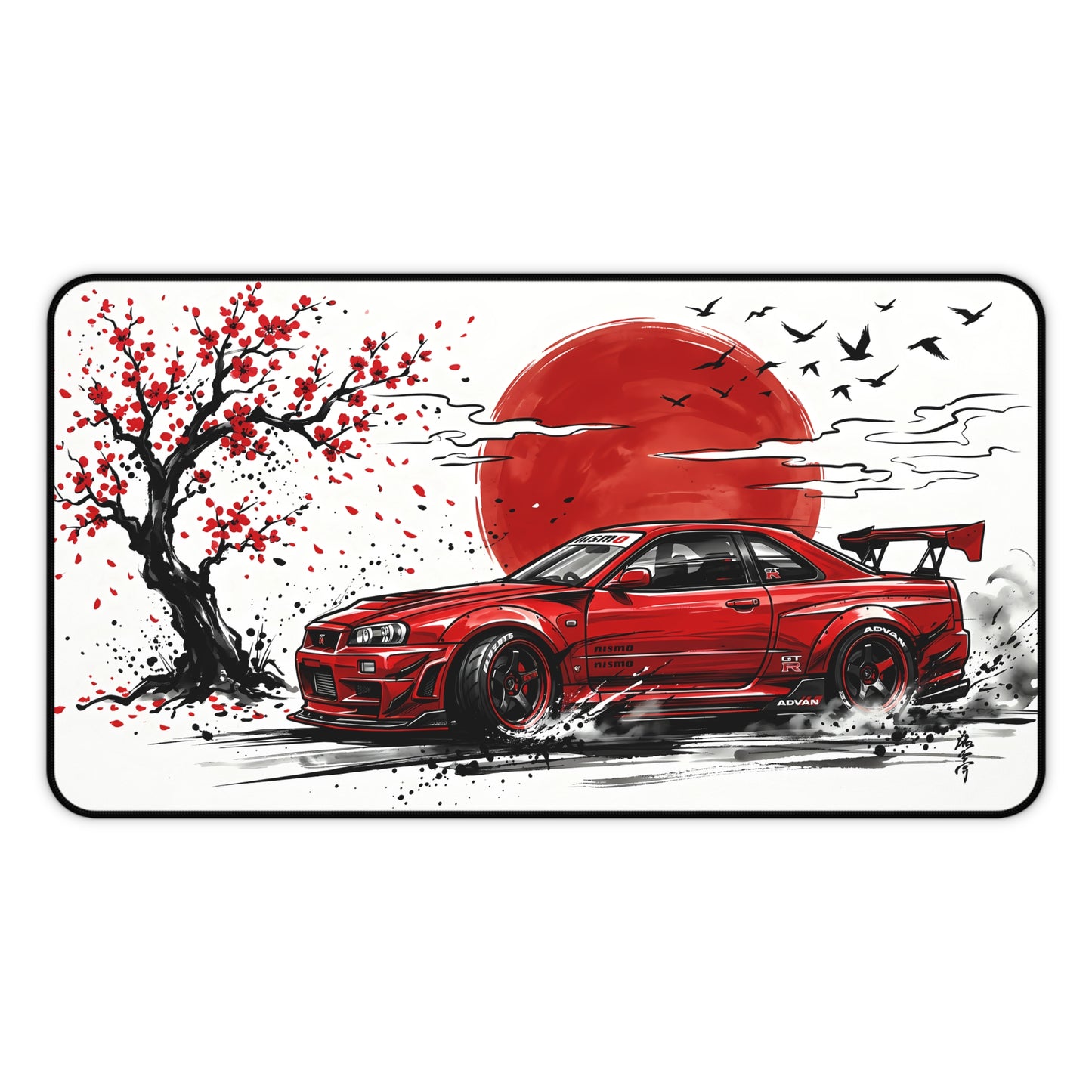 Japanese-style Ink Wash Painting Red Skyline Desk Mat — Japanese Cherry Blossom Racing Car GTR JDM Mouse Pad