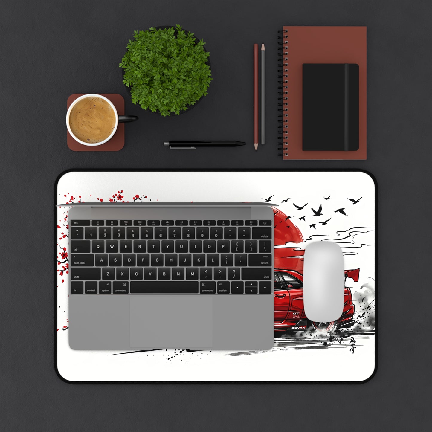 Japanese-style Ink Wash Painting Red Skyline Desk Mat — Japanese Cherry Blossom Racing Car GTR JDM Mouse Pad