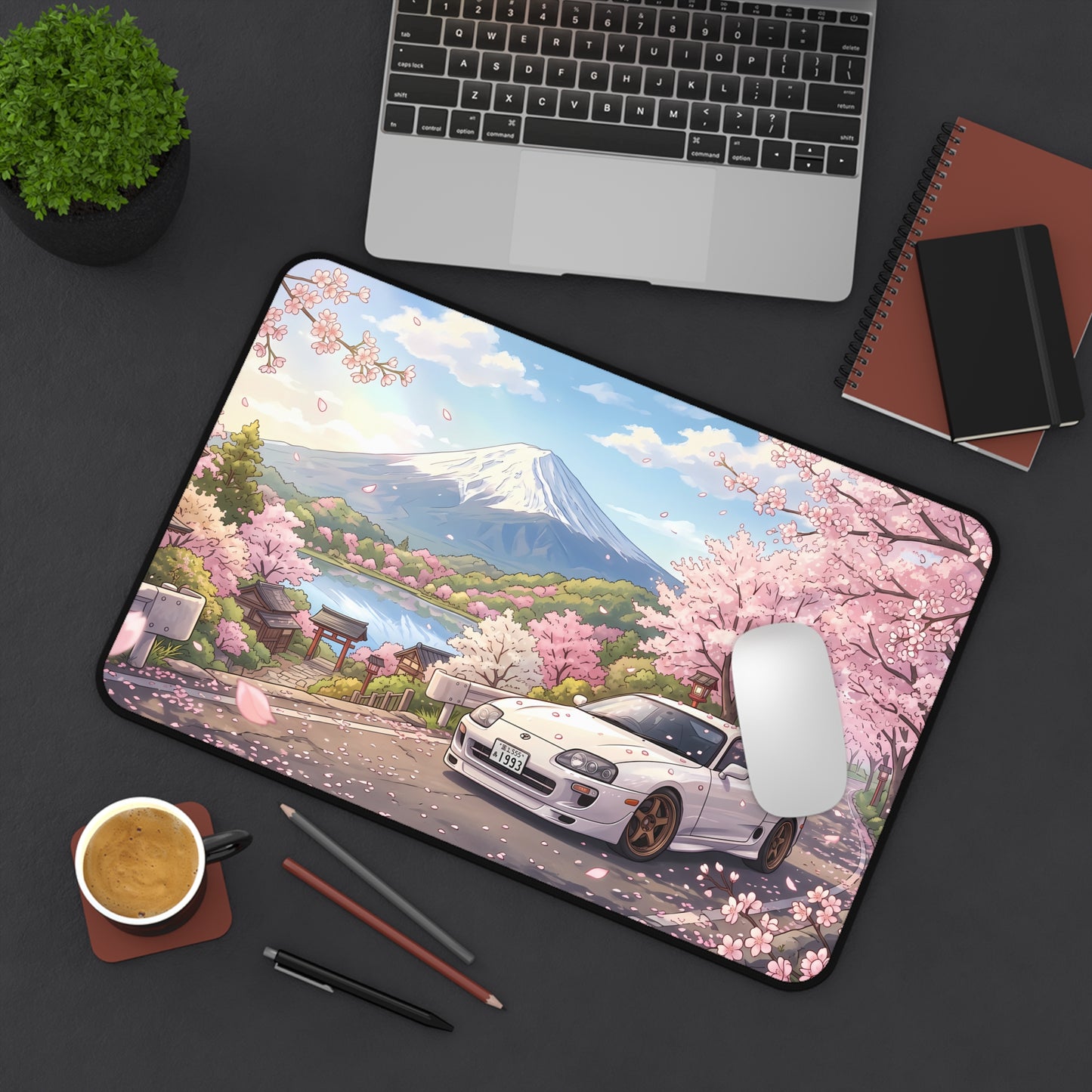 Sakura Cherry Blossom Skyline Toyota JDM Supra Desk Mat — Japanese Sports Car & Mount Fuji Scenic Mouse Pad