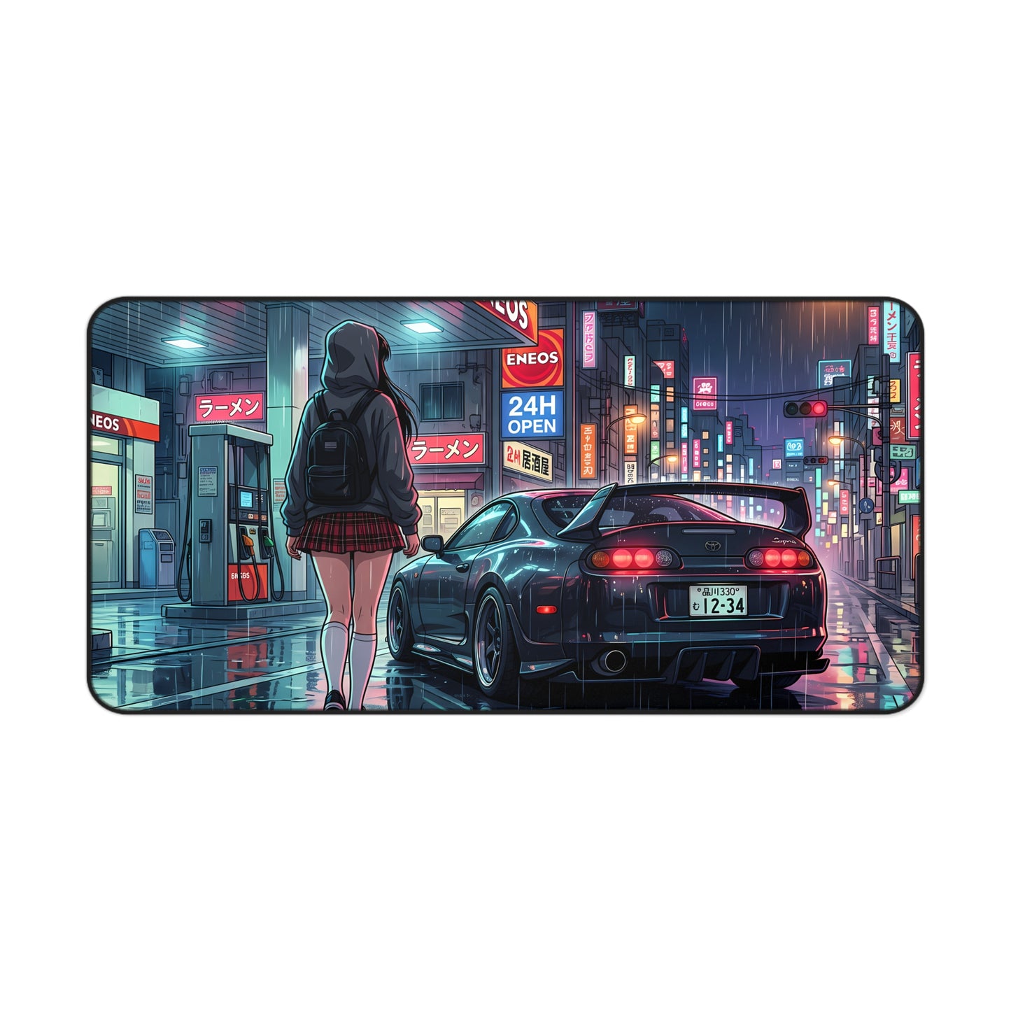 Neon Rain Tokyo City Toyota Supra MK4 Desk Mat — Anime Night Street JDM Racing Mousepad
