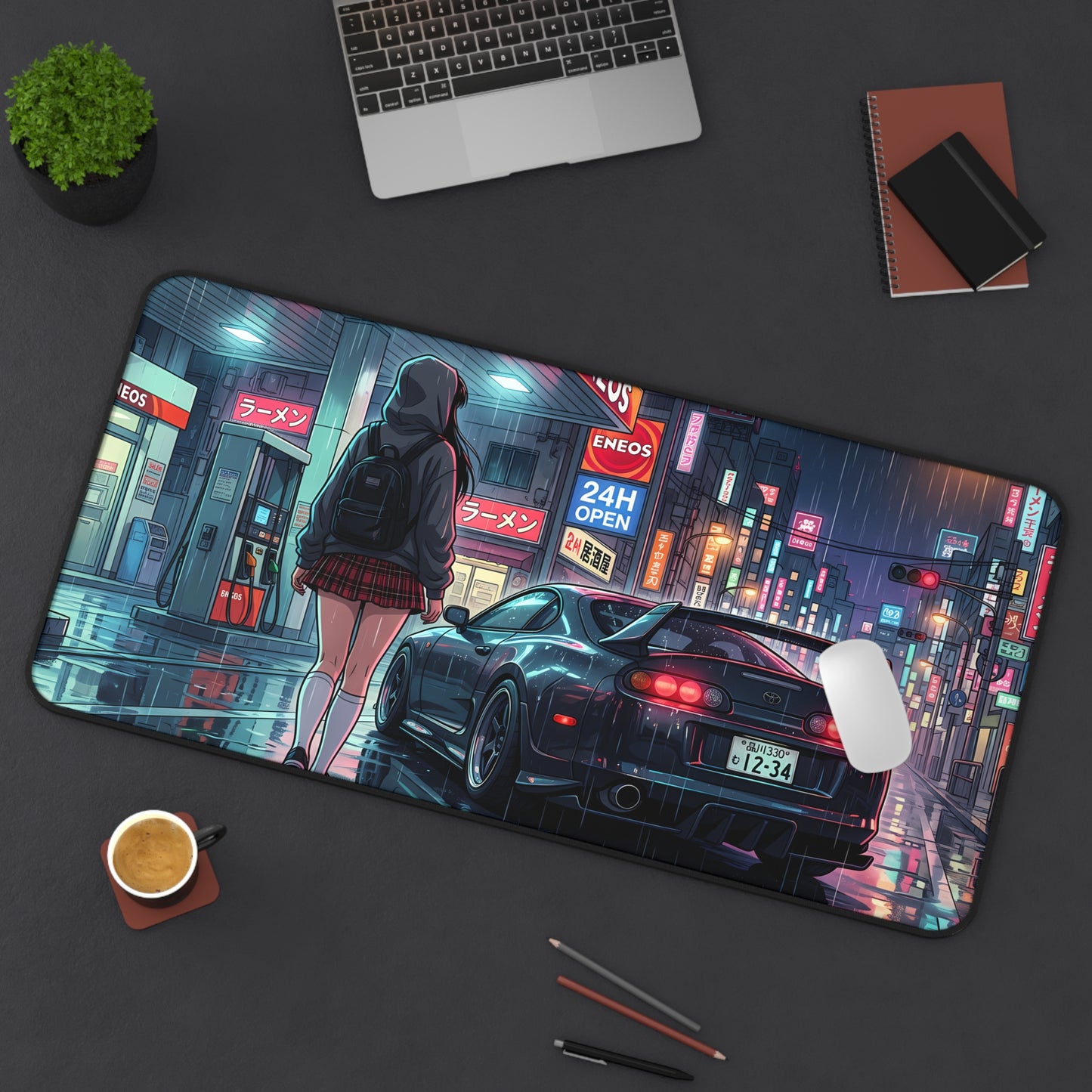 Neon Rain Tokyo City Toyota Supra MK4 Desk Mat — Anime Night Street JDM Racing Mousepad