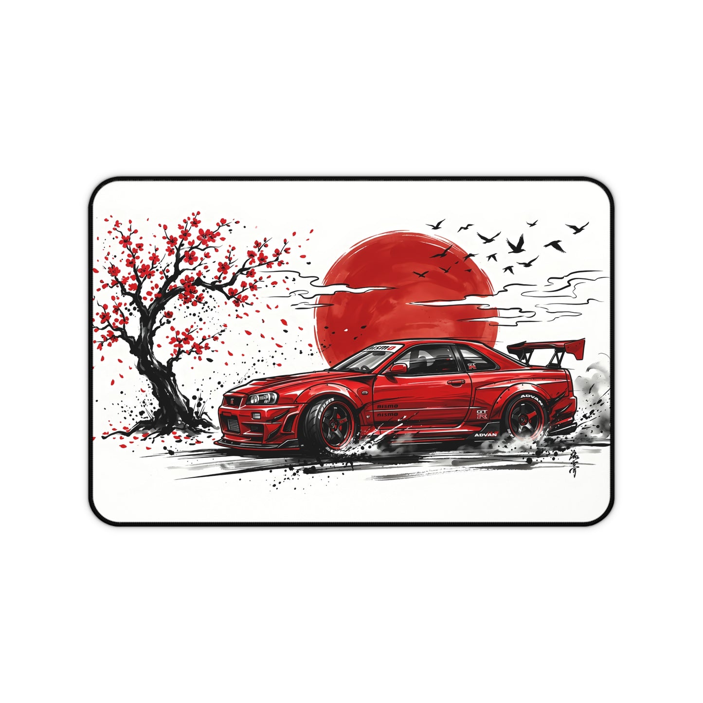 Japanese-style Ink Wash Painting Red Skyline Desk Mat — Japanese Cherry Blossom Racing Car GTR JDM Mouse Pad