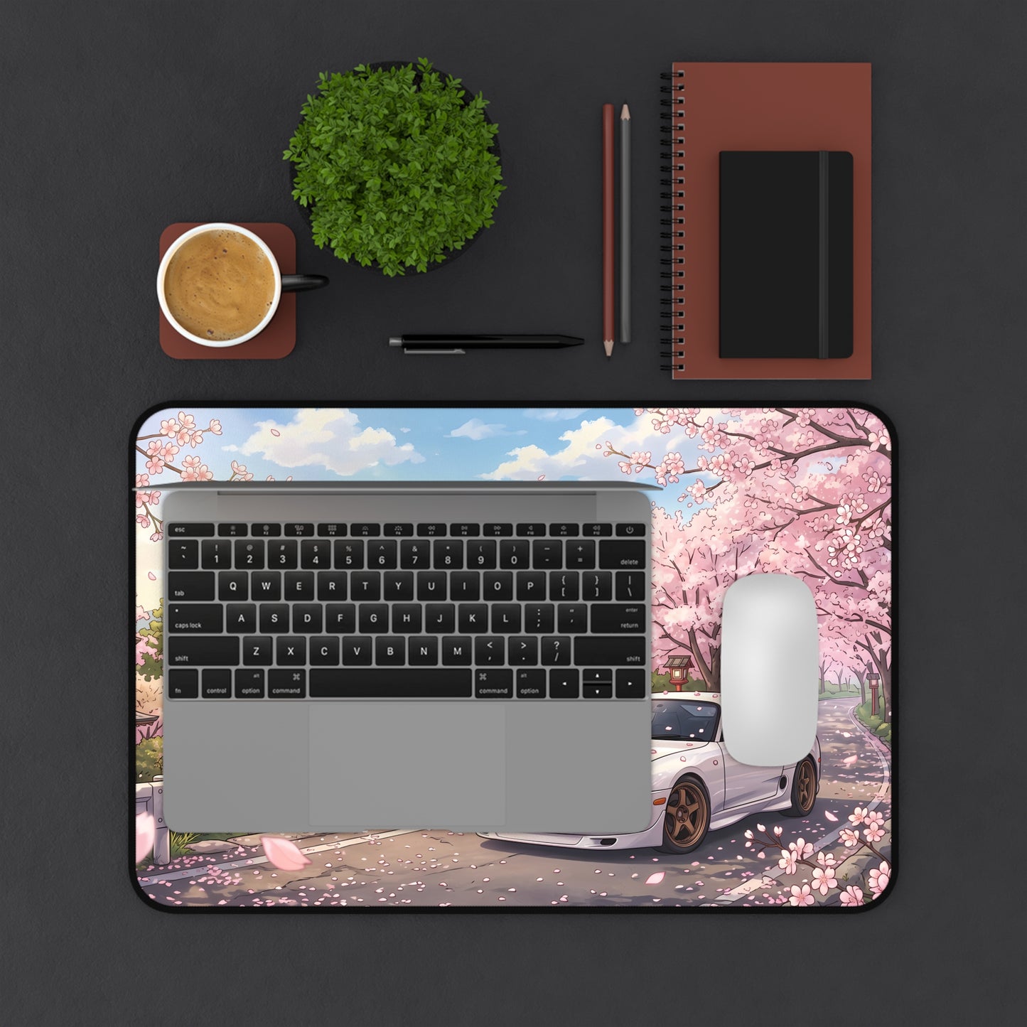 Sakura Cherry Blossom Skyline Toyota JDM Supra Desk Mat — Japanese Sports Car & Mount Fuji Scenic Mouse Pad