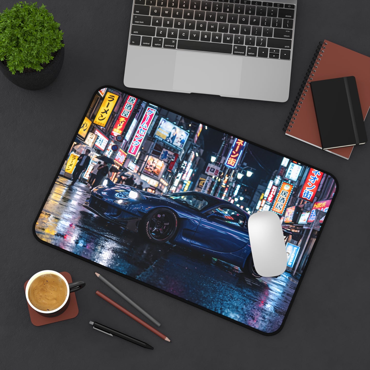 Urban Night Racing Desk Mat — Blue JDM Sports Car in Neon Cityscape