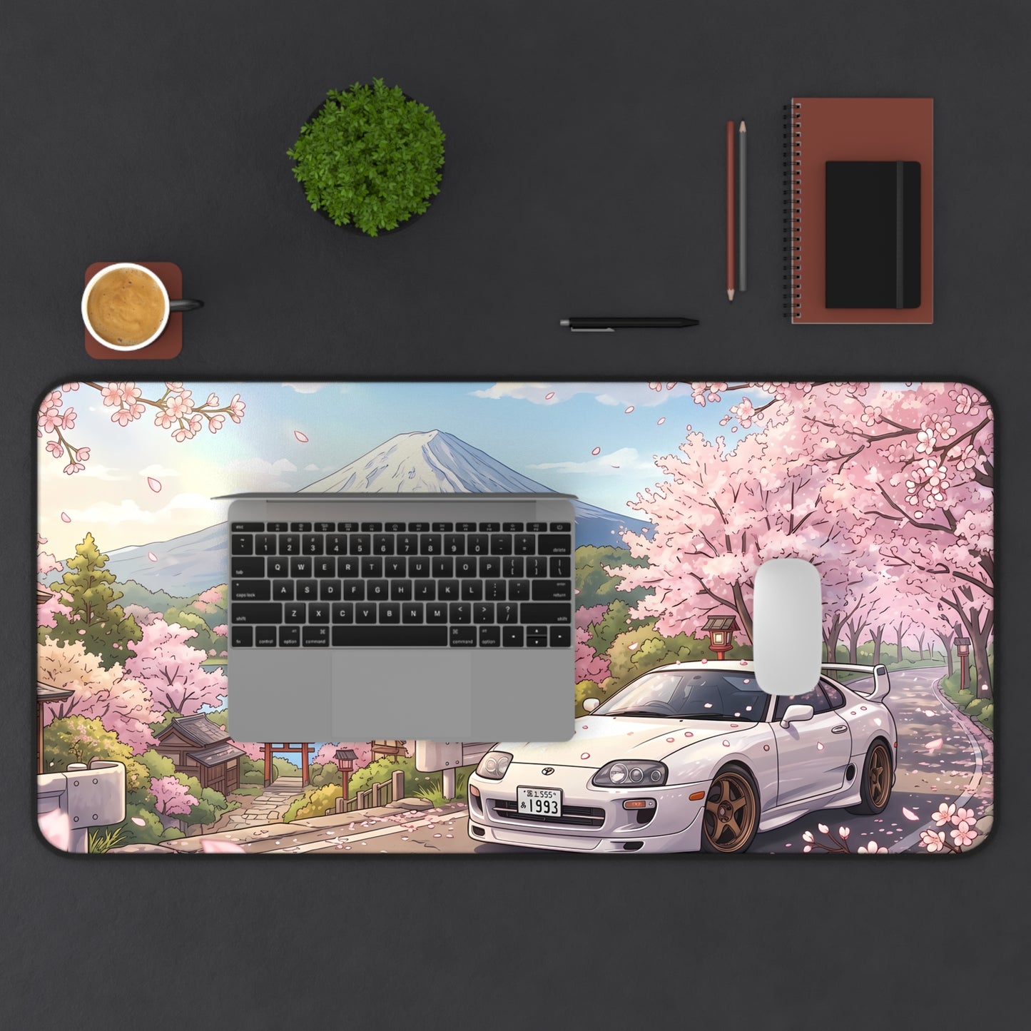 Sakura Cherry Blossom Skyline Toyota JDM Supra Desk Mat — Japanese Sports Car & Mount Fuji Scenic Mouse Pad