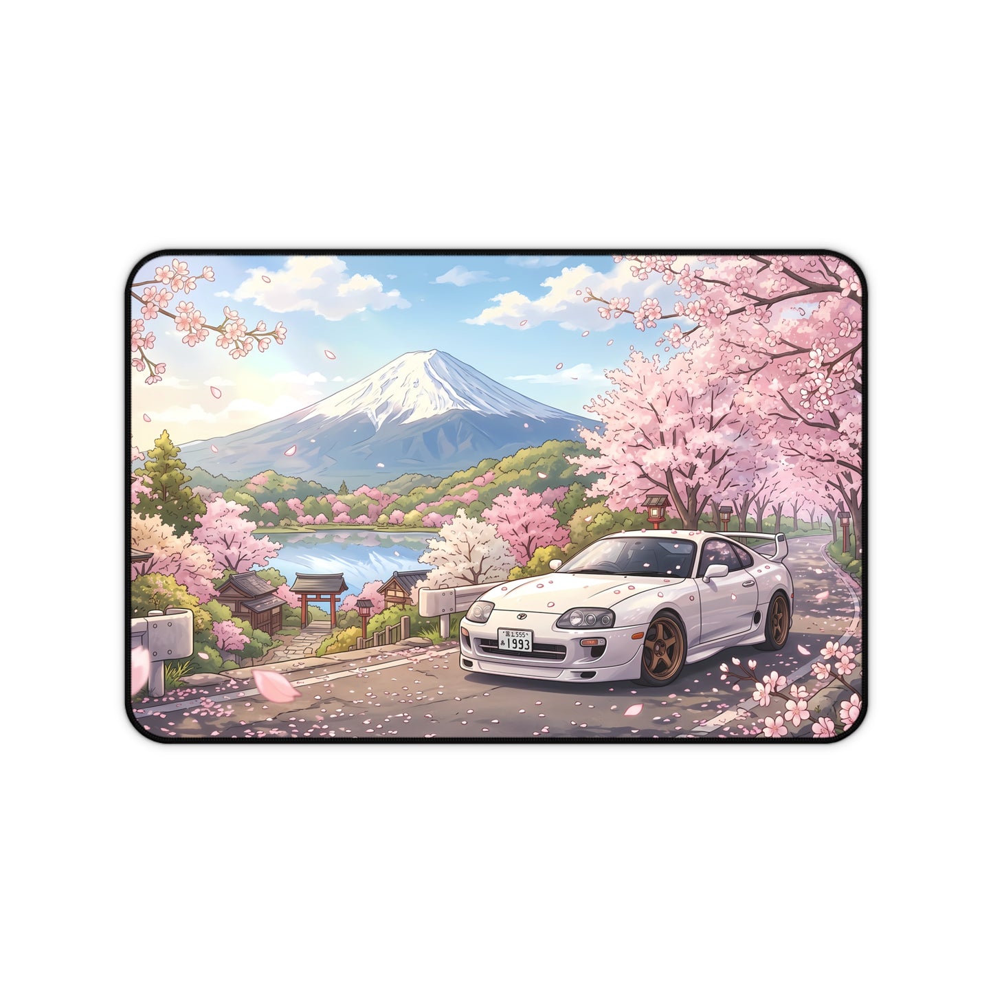 Sakura Cherry Blossom Skyline Toyota JDM Supra Desk Mat — Japanese Sports Car & Mount Fuji Scenic Mouse Pad