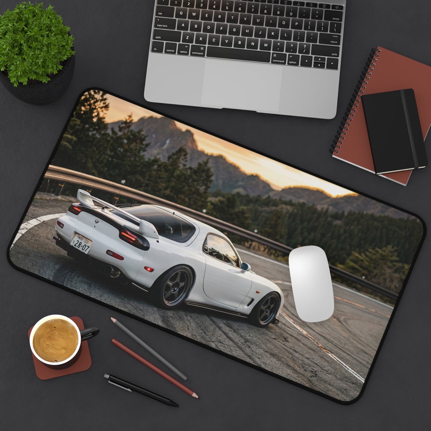 Classic JDM White Sports Car Desk Mat — Scenic Mountain Drive Gaming Mousepad