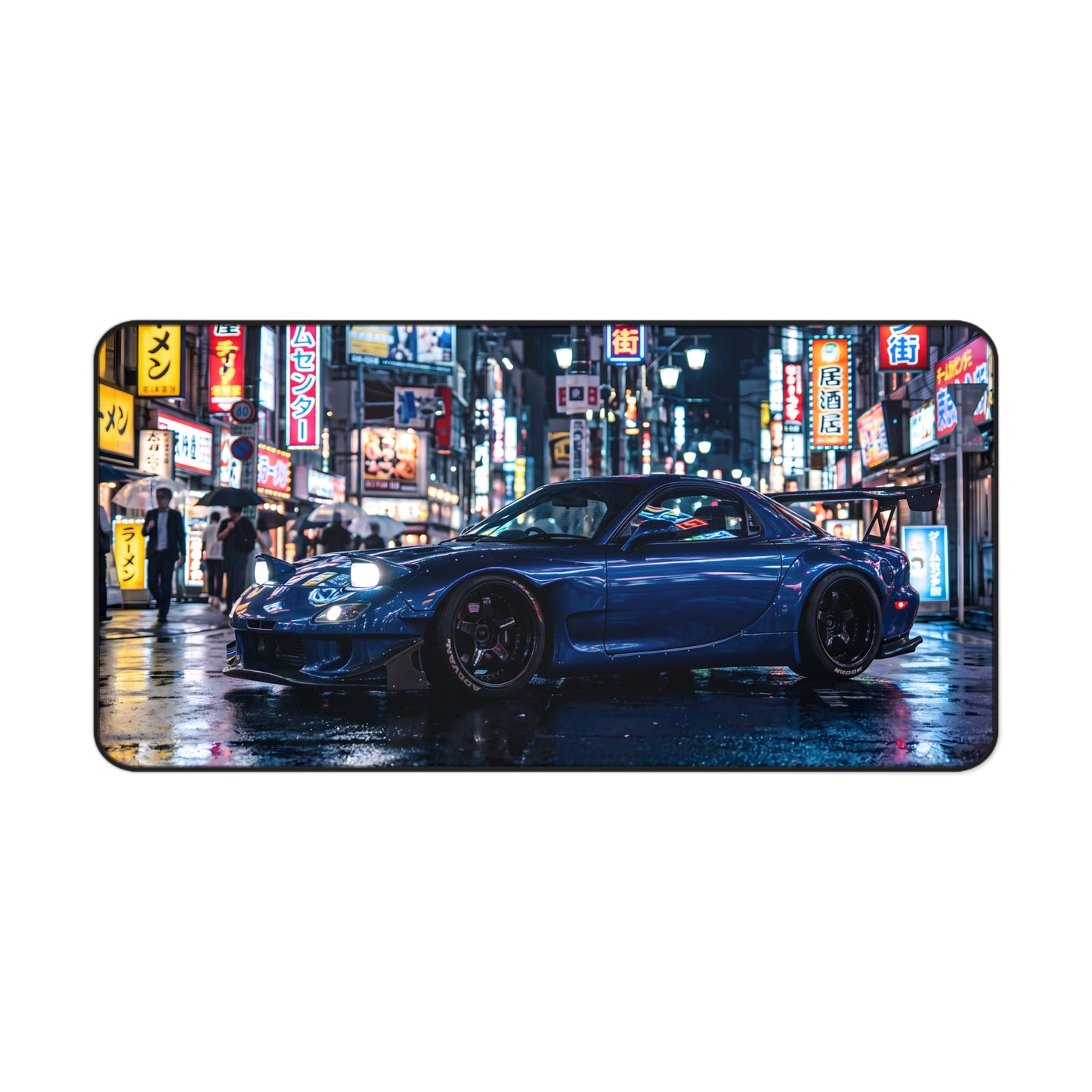 Urban Night Racing Desk Mat — Blue JDM Sports Car in Neon Cityscape