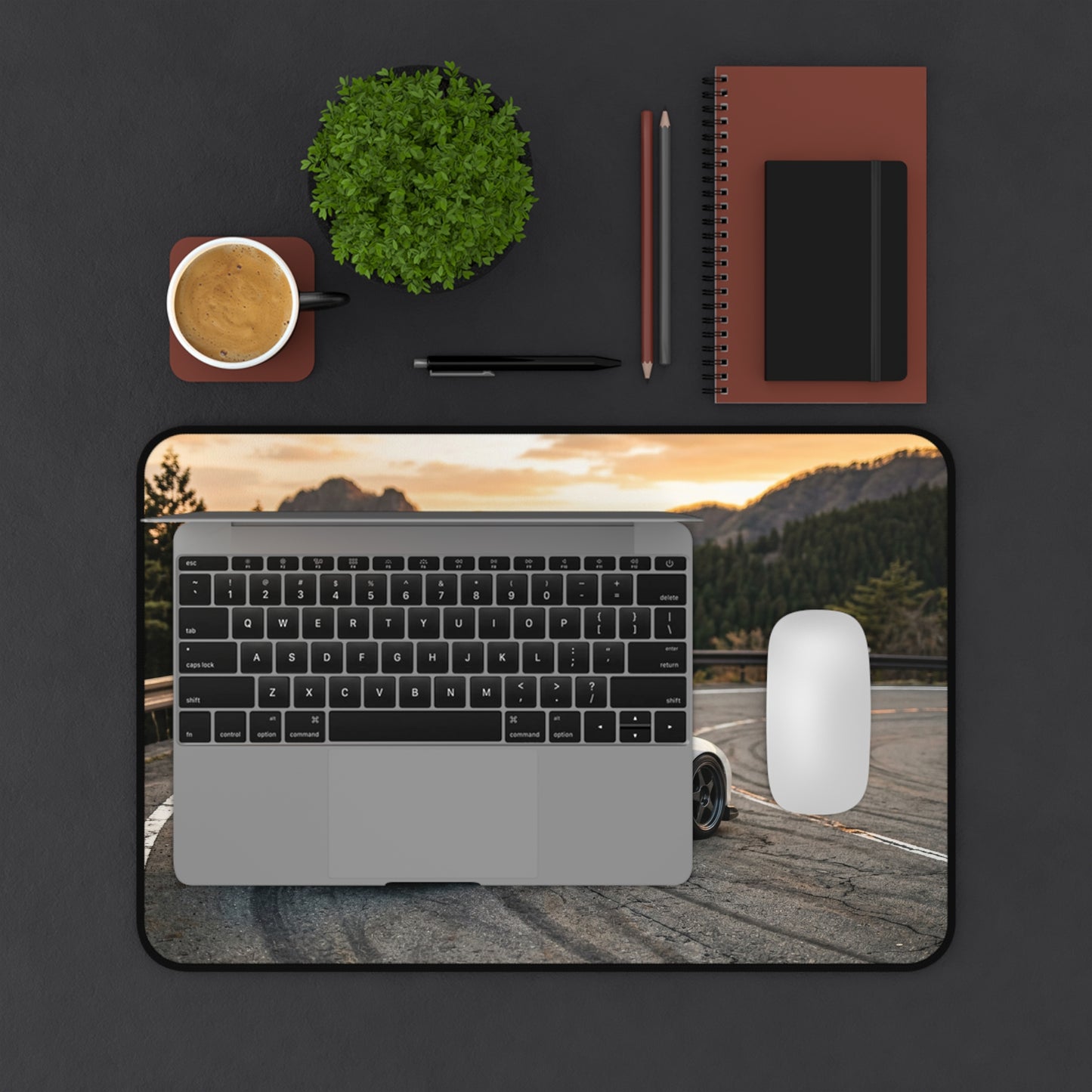 Classic JDM White Sports Car Desk Mat — Scenic Mountain Drive Gaming Mousepad