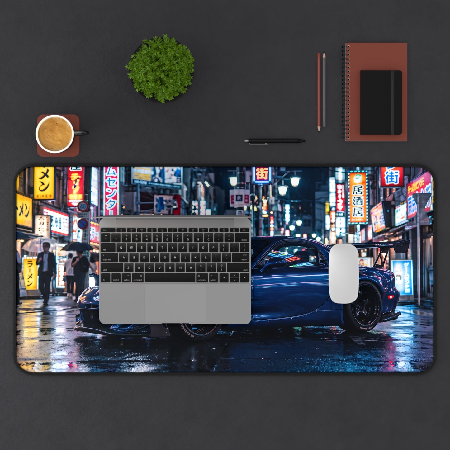 Urban Night Racing Desk Mat — Blue JDM Sports Car in Neon Cityscape