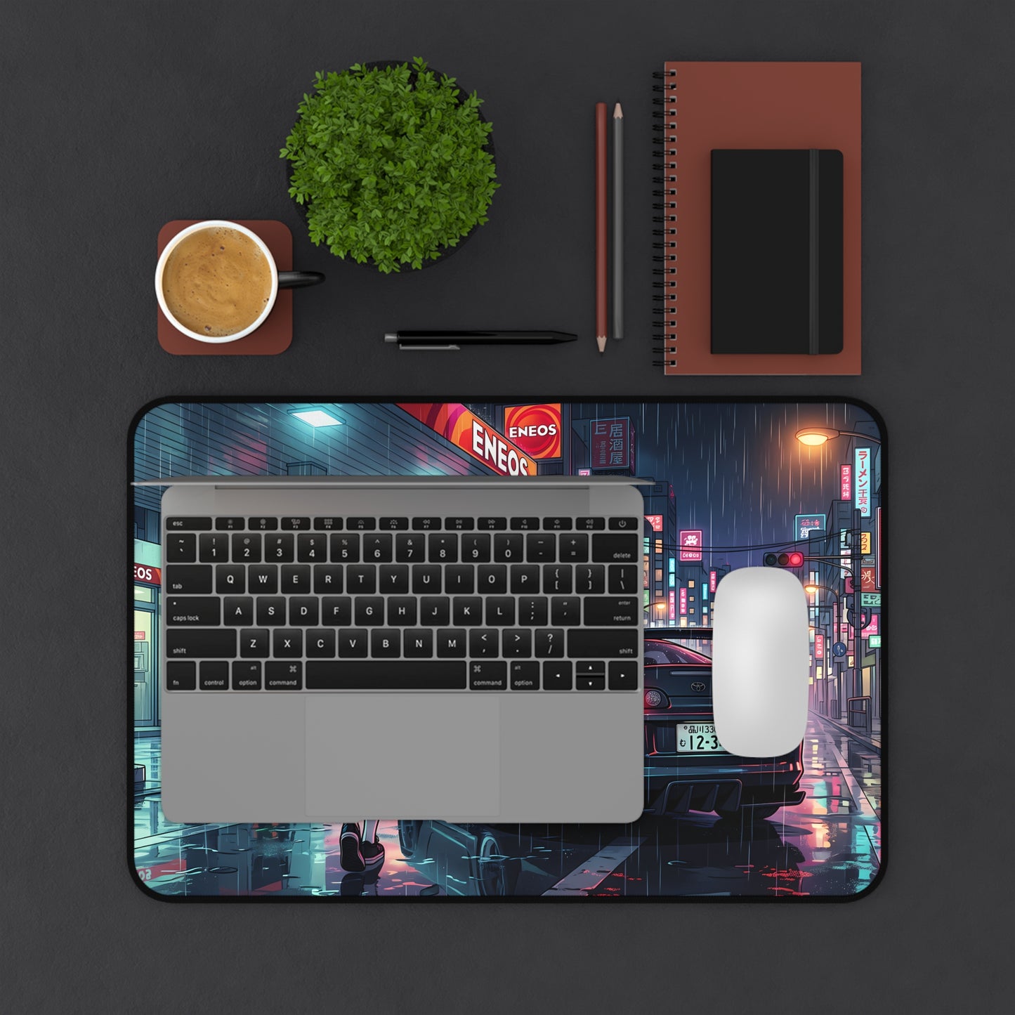 Neon Rain Tokyo City Toyota Supra MK4 Desk Mat — Anime Night Street JDM Racing Mousepad