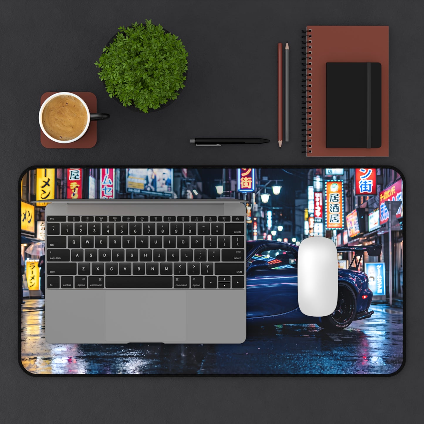 Urban Night Racing Desk Mat — Blue JDM Sports Car in Neon Cityscape