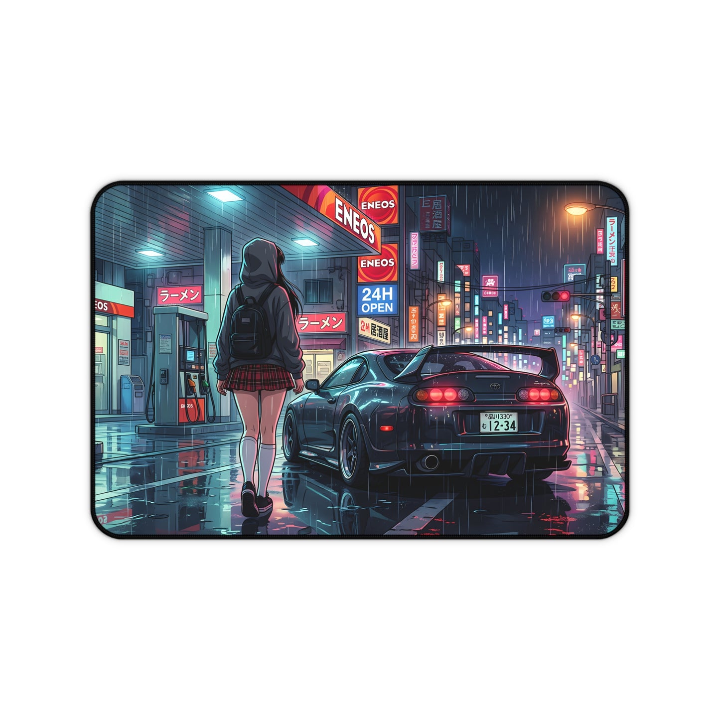 Neon Rain Tokyo City Toyota Supra MK4 Desk Mat — Anime Night Street JDM Racing Mousepad