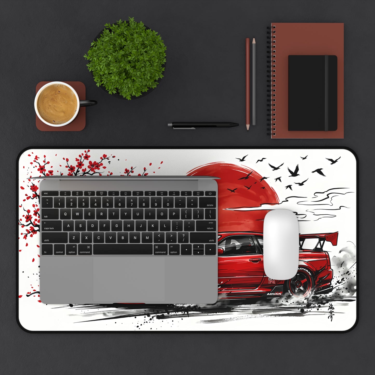 Japanese-style Ink Wash Painting Red Skyline Desk Mat — Japanese Cherry Blossom Racing Car GTR JDM Mouse Pad