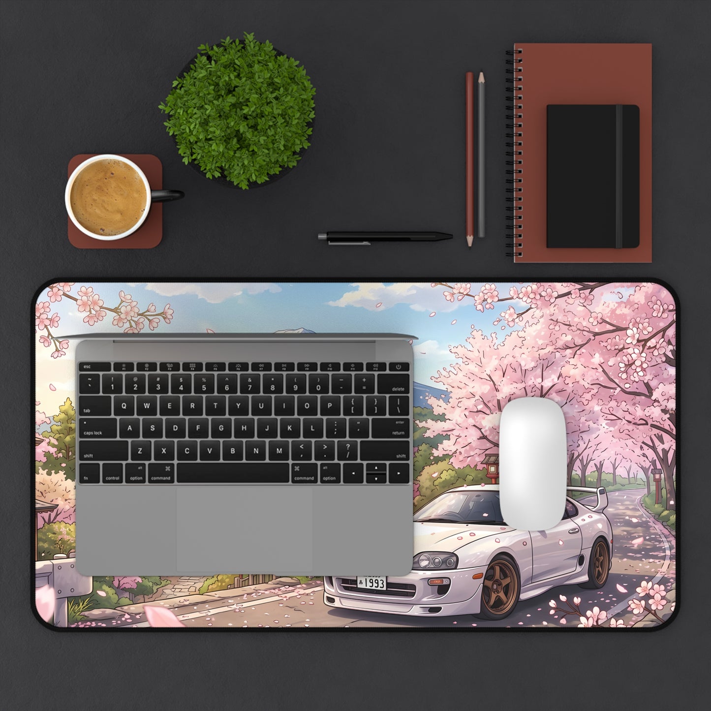 Sakura Cherry Blossom Skyline Toyota JDM Supra Desk Mat — Japanese Sports Car & Mount Fuji Scenic Mouse Pad