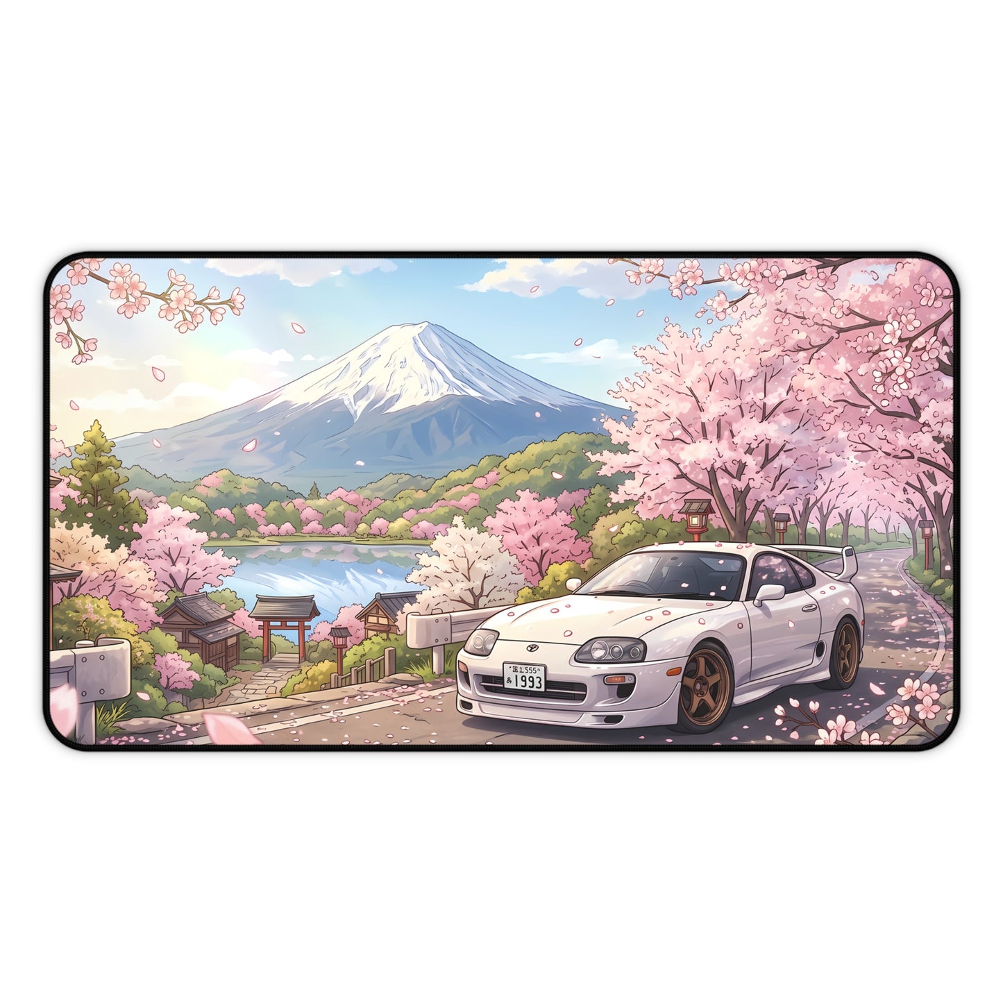 Sakura Cherry Blossom Skyline Toyota JDM Supra Desk Mat — Japanese Sports Car & Mount Fuji Scenic Mouse Pad