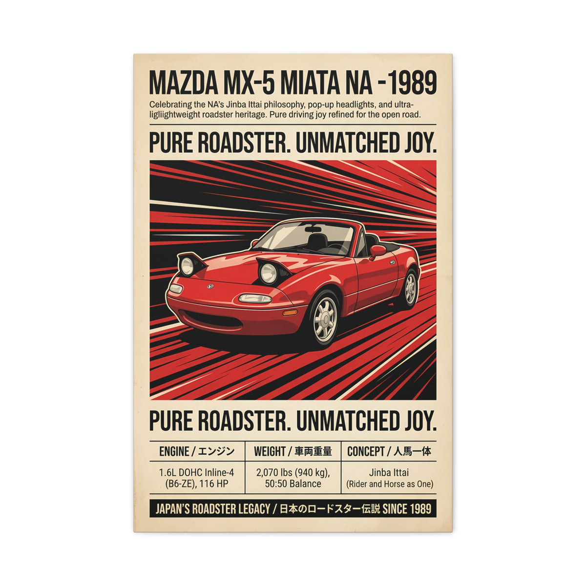 1989 Mazda MX-5 Miata NA Vintage JDM Matte Canvas Wall Art