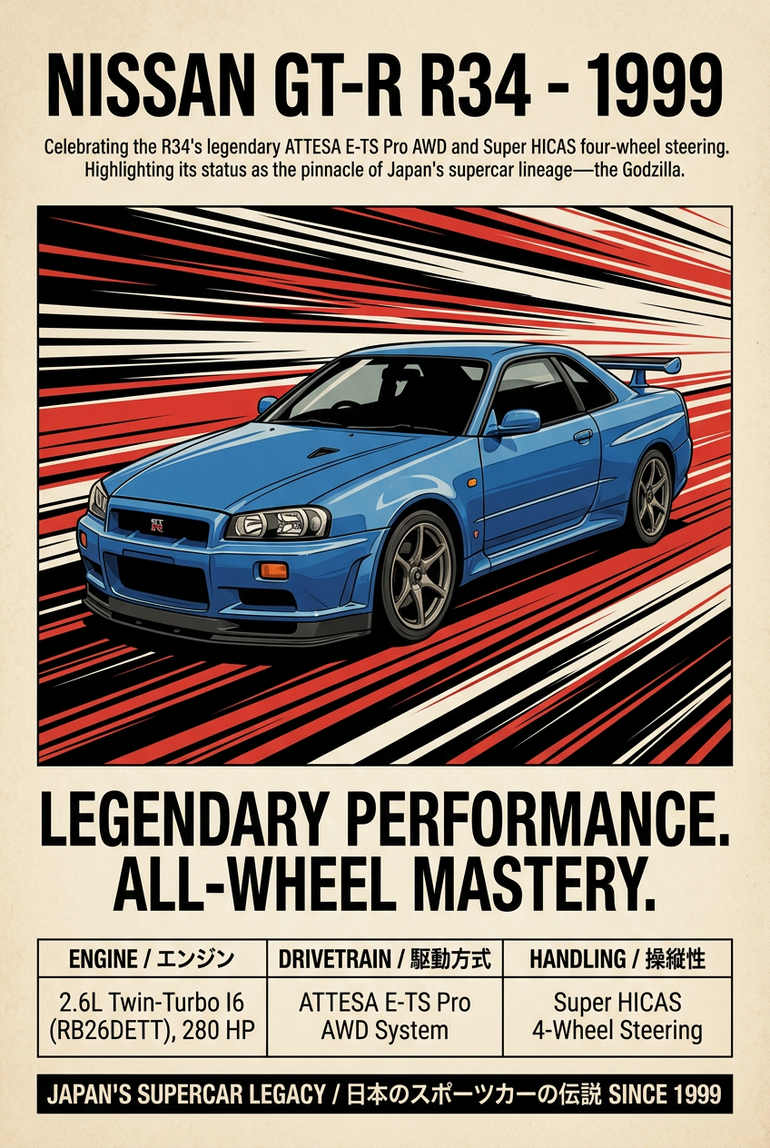 1999 Nissan GT-R R34 Vintage JDM Framed Fine Art Print