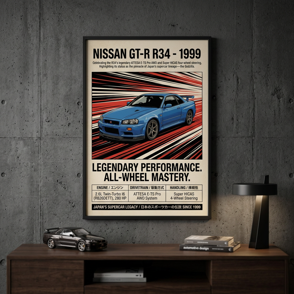 1999 Nissan GT-R R34 Vintage JDM Framed Fine Art Print