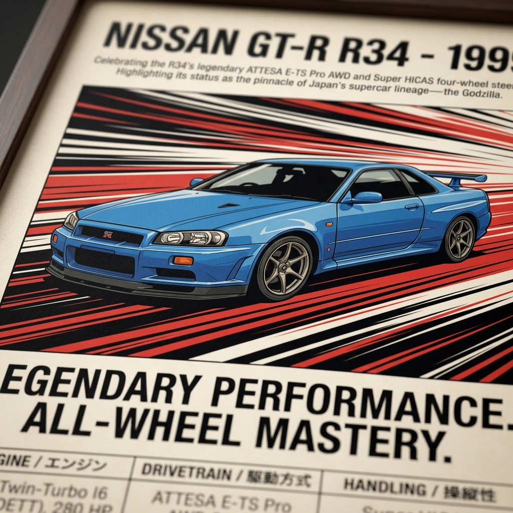 1999 Nissan GT-R R34 Vintage JDM Framed Fine Art Print