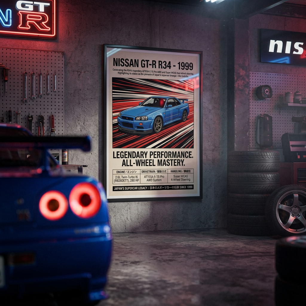 1999 Nissan GT-R R34 Vintage JDM Framed Fine Art Print