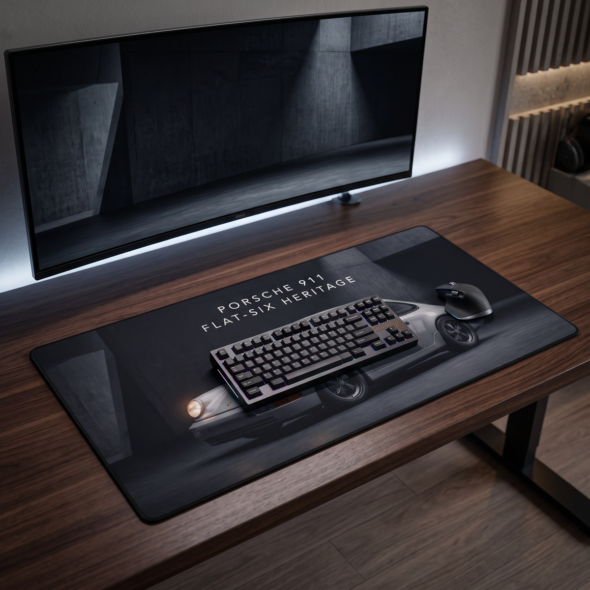 Porsche 911 Flat-Six Heritage Desk Mat — Classic Sports Car Mouse Pad