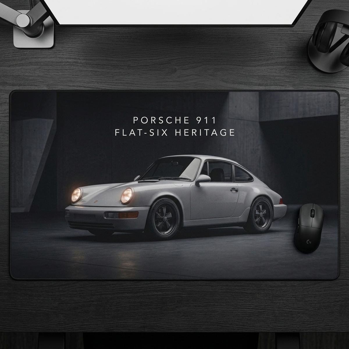 Porsche 911 Flat-Six Heritage Desk Mat — Classic Sports Car Mouse Pad