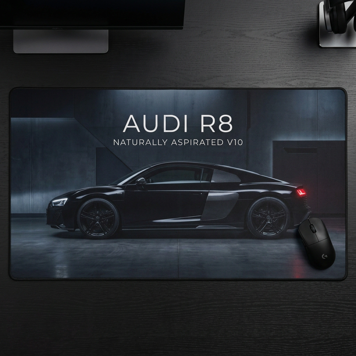 Audi R8 Black Sport Desk Mat – Naturally Aspirated V10 Racing Mouse Pad