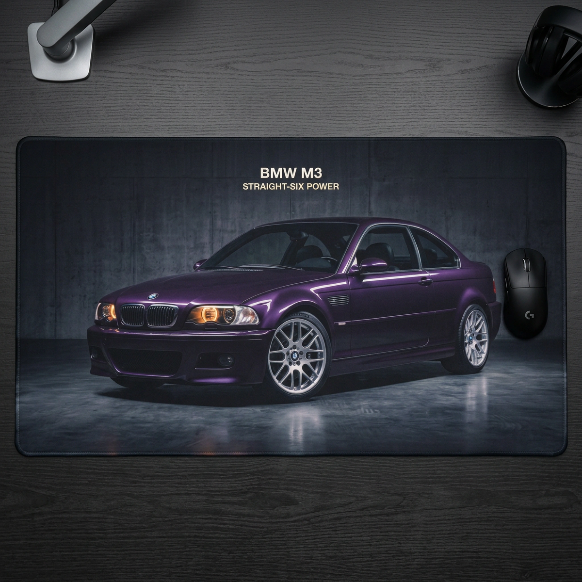 BMW M3 Desk Mat – Purple E46 Car Mouse Pad, 'Straight-Six Power' Automotive Desk Accessory