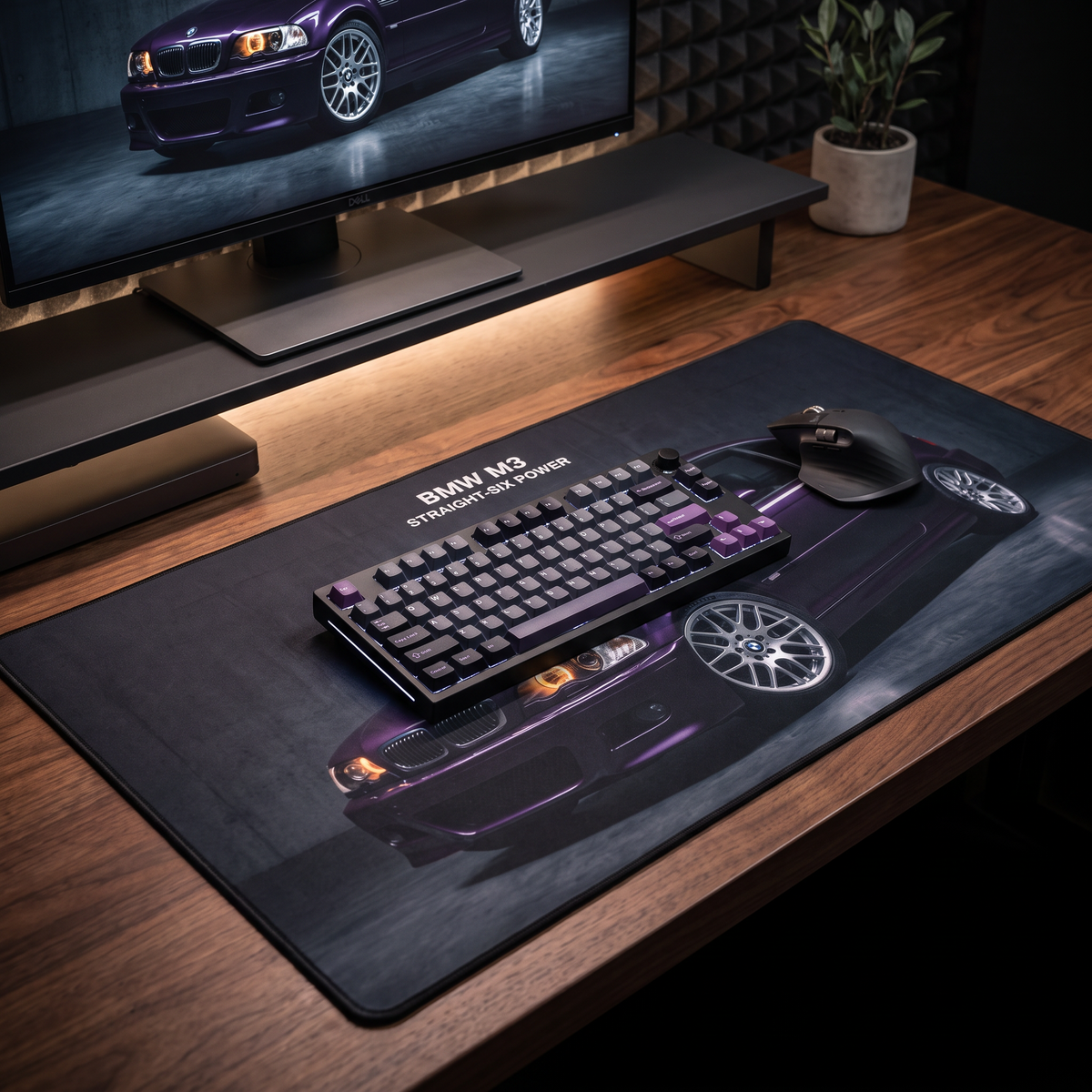 BMW M3 Desk Mat – Purple E46 Car Mouse Pad, 'Straight-Six Power' Automotive Desk Accessory
