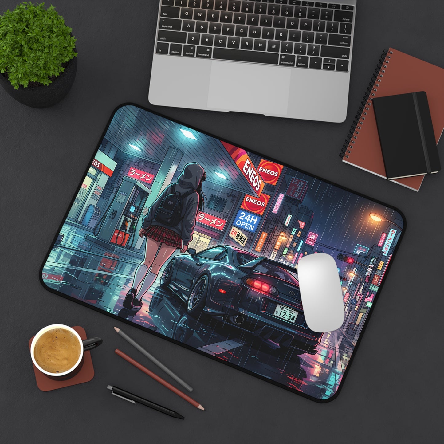 Neon Rain Tokyo City Toyota Supra MK4 Desk Mat — Anime Night Street JDM Racing Mousepad