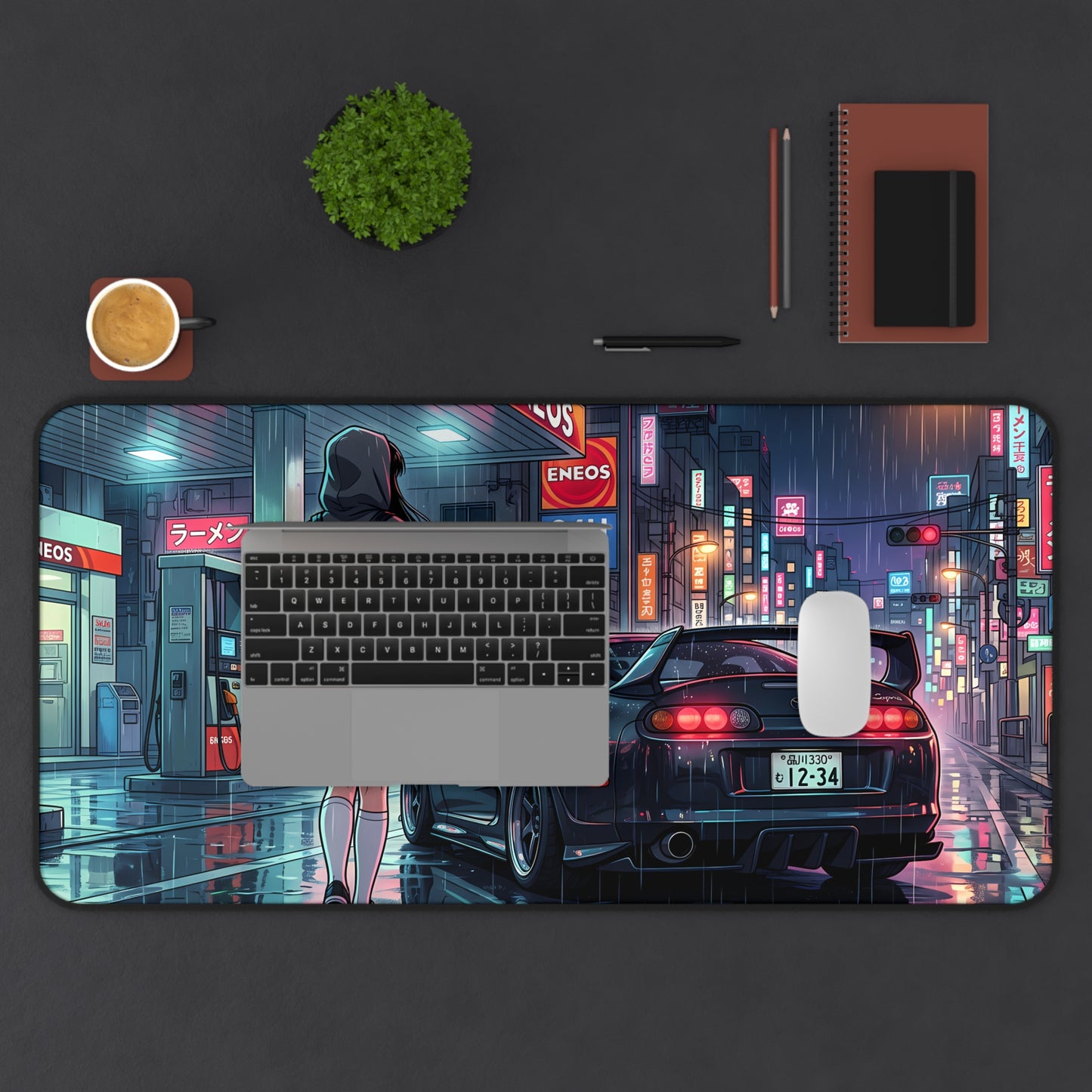 Neon Rain Tokyo City Toyota Supra MK4 Desk Mat — Anime Night Street JDM Racing Mousepad