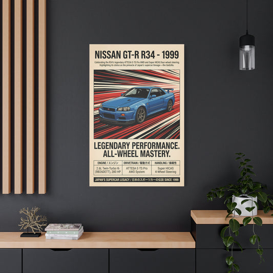 1999 Nissan GT-R R34 Vintage JDM Matte Canvas Wall Art