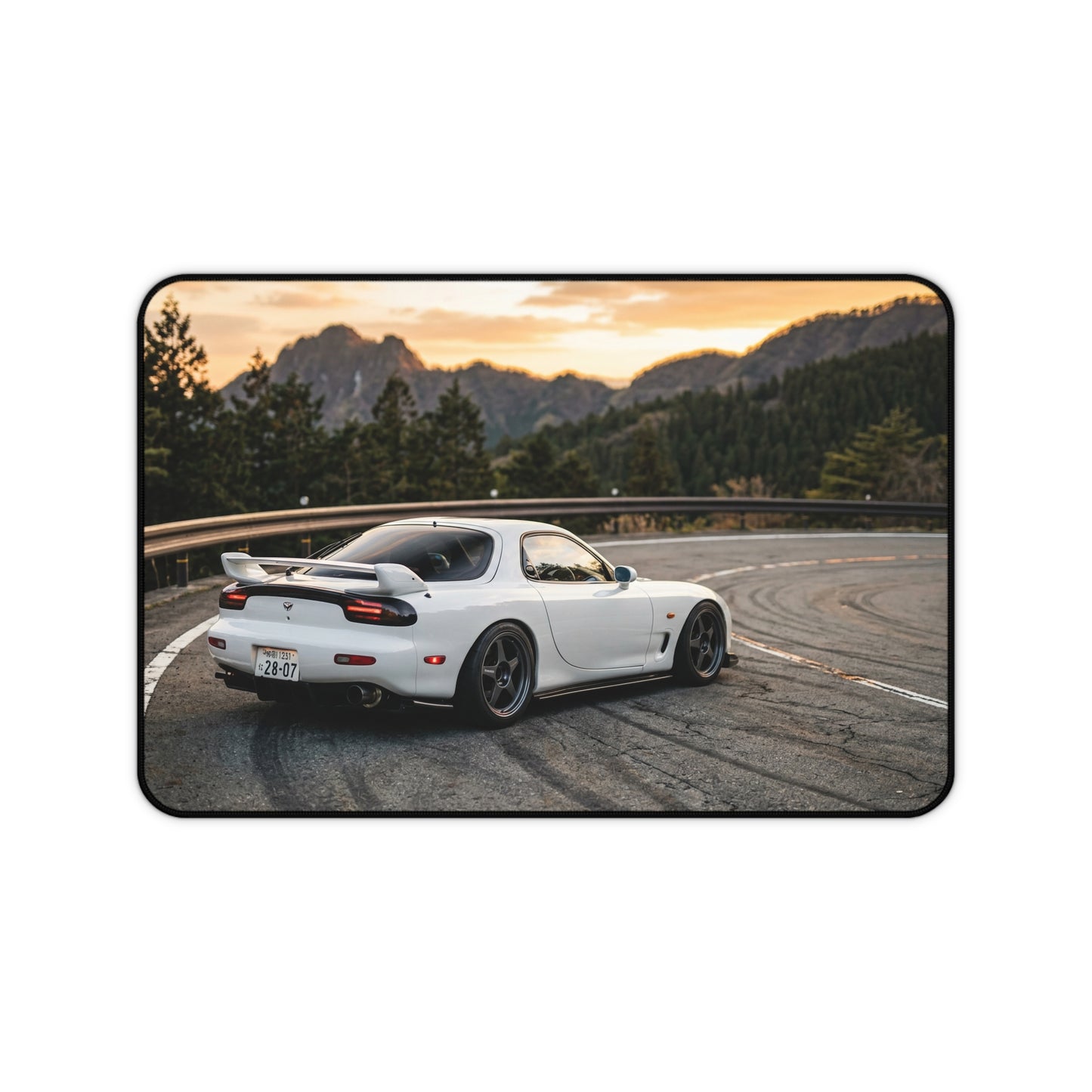 Classic JDM White Sports Car Desk Mat — Scenic Mountain Drive Gaming Mousepad