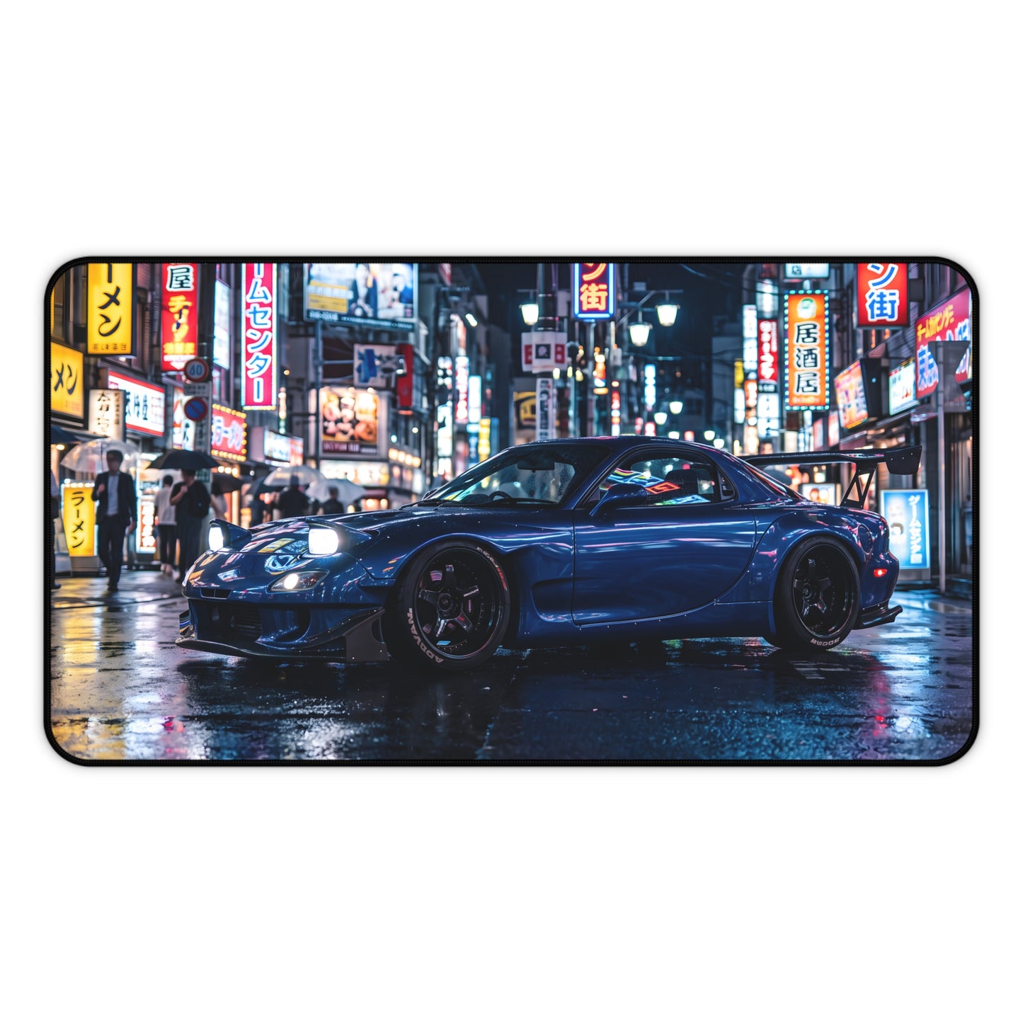 Urban Night Racing Desk Mat — Blue JDM Sports Car in Neon Cityscape