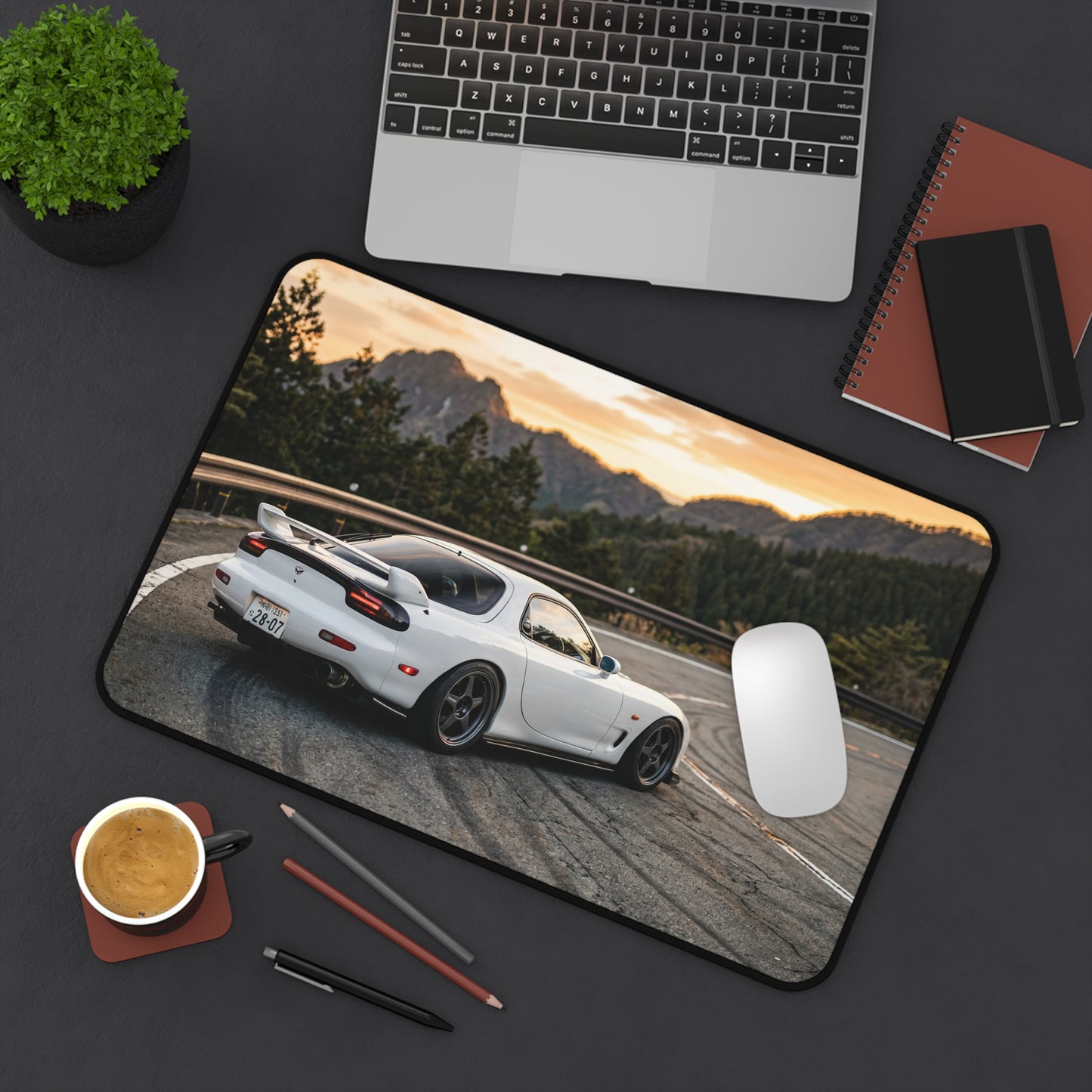 Classic JDM White Sports Car Desk Mat — Scenic Mountain Drive Gaming Mousepad
