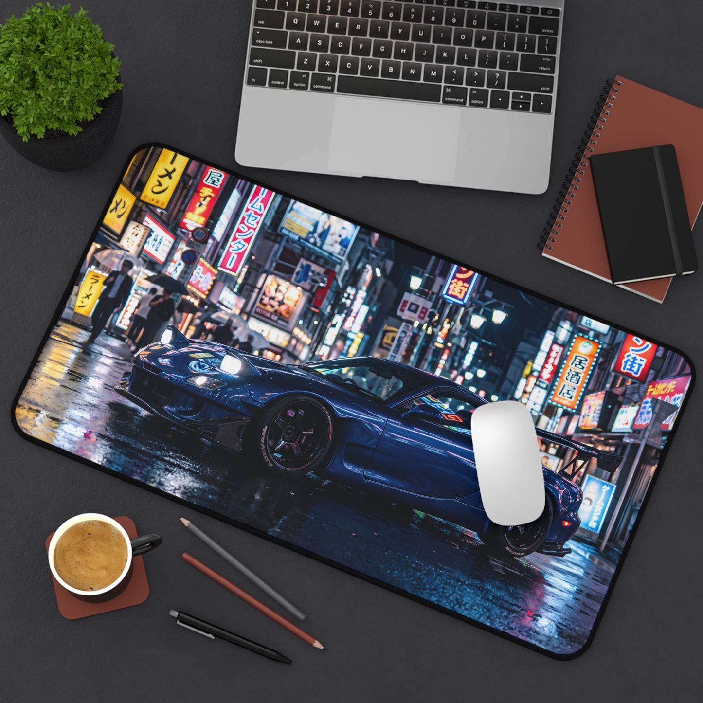 Urban Night Racing Desk Mat — Blue JDM Sports Car in Neon Cityscape