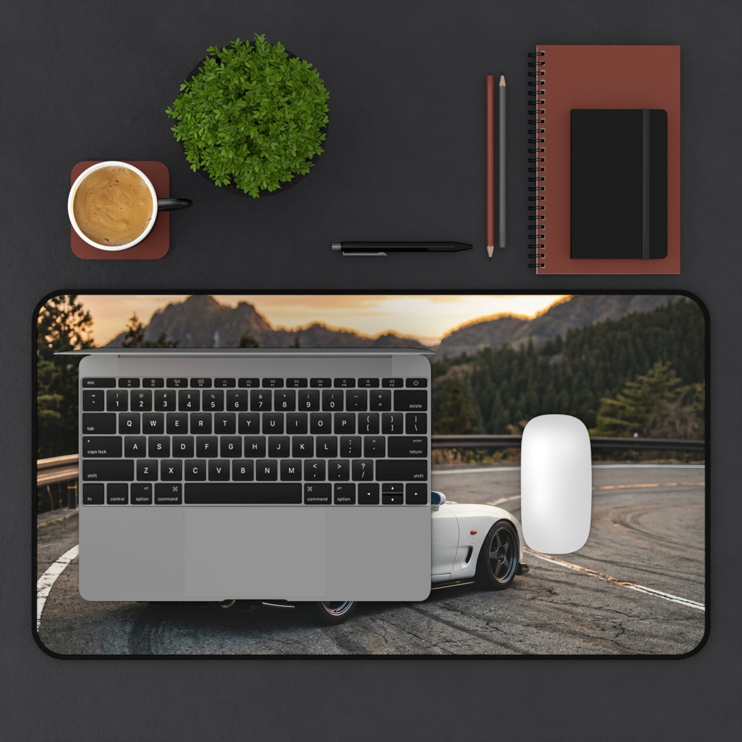 Classic JDM White Sports Car Desk Mat — Scenic Mountain Drive Gaming Mousepad