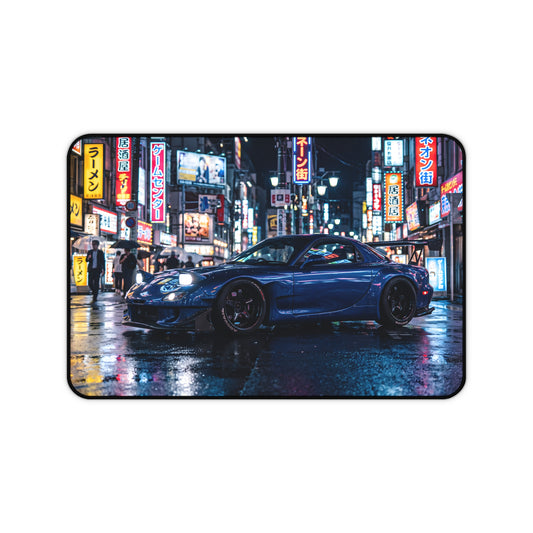 Urban Night Racing Desk Mat — Blue JDM Sports Car in Neon Cityscape