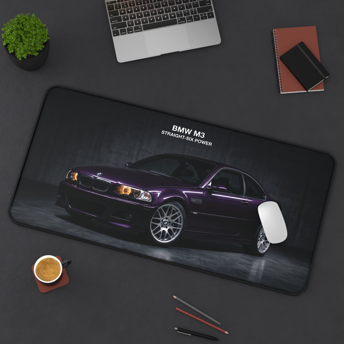 BMW M3 Desk Mat – Purple E46 Car Mouse Pad, 'Straight-Six Power' Automotive Desk Accessory